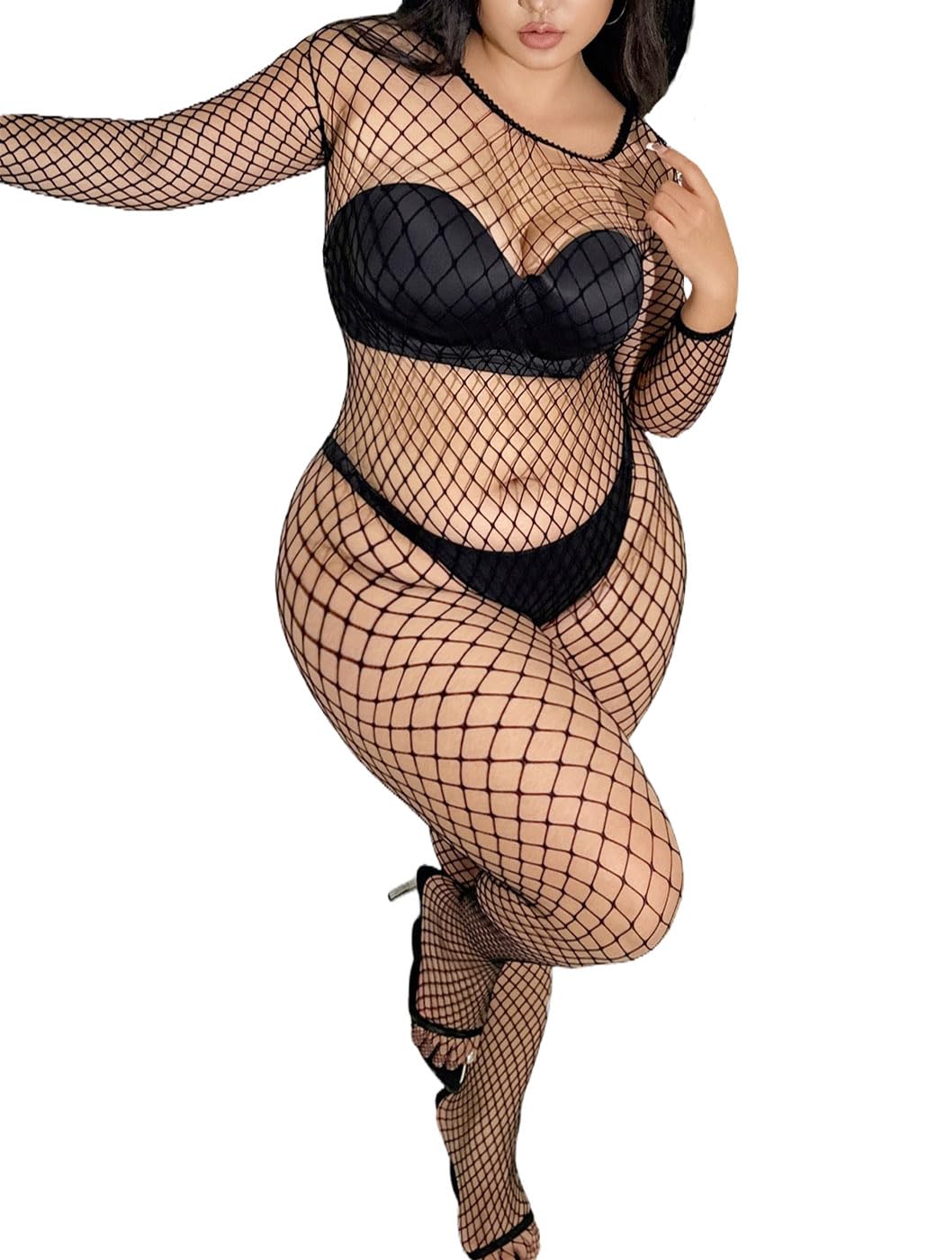 Abien Rhinestone Fishnet Bodystocking Black-2 · Fit Size from XL-2XL