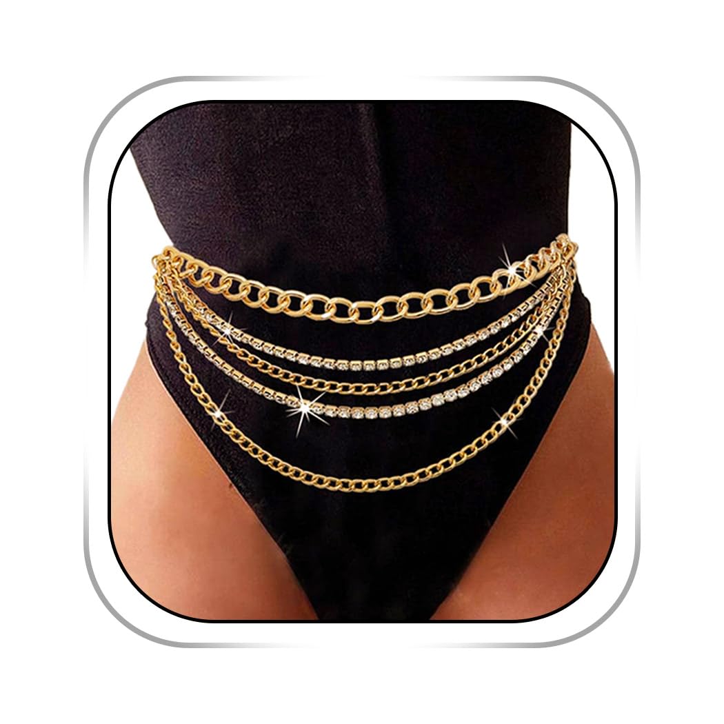 Abien Layered Rhinestone Chain Belt Gold