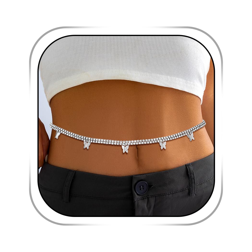 Abien Rhinestone Butterfly Waist Chain Silver