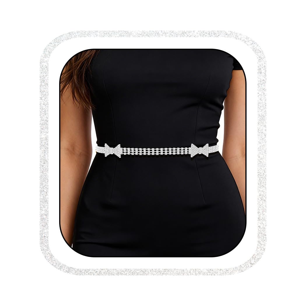 Abien Rhinestone Bow Chain Belt Silver · 115cm/45.2in