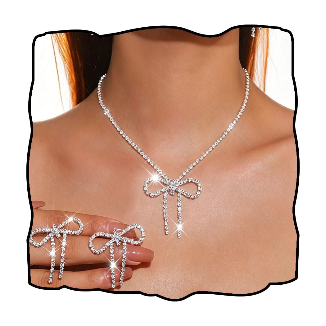 Abien Rhinestone Bow Jewelry Set Silver