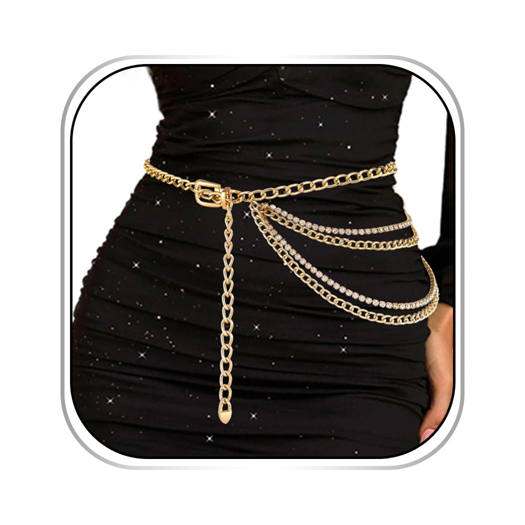 Abien Layered Rhinestone Chain Belt Gold
