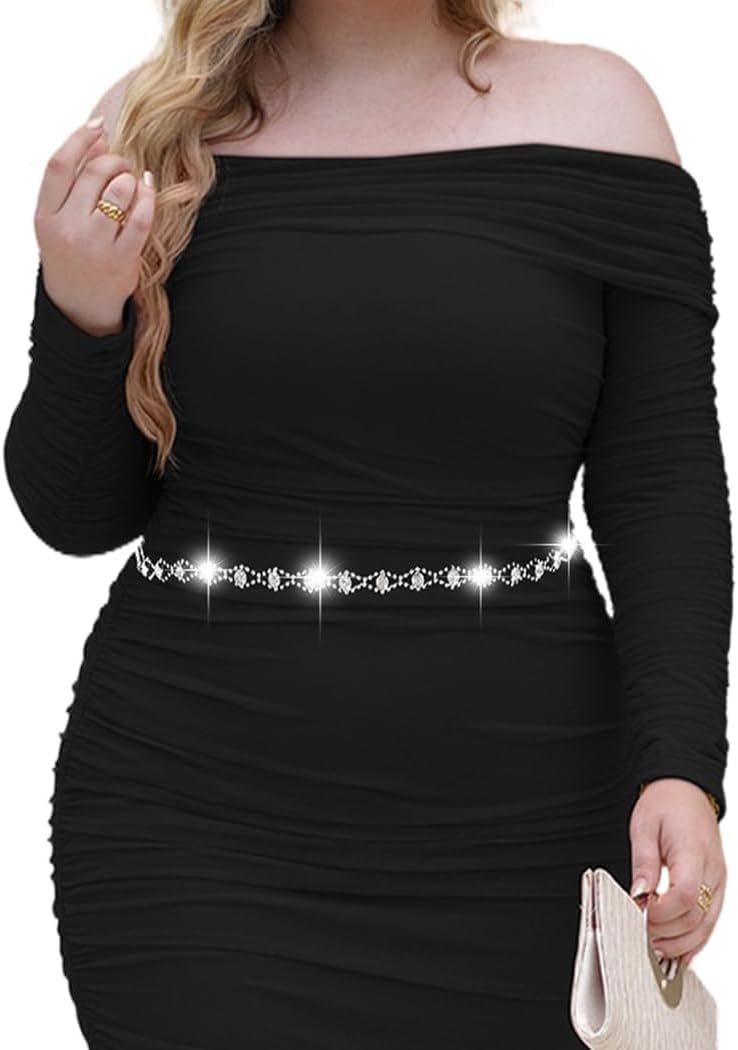 Abien slim crystal chain on a black off-shoulder dress